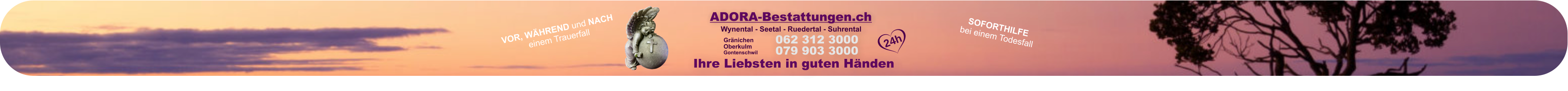 ADORA-Bestattungen.ch 062 312 3000079 903 3000  GränichenOberkulmGontenschwil Ihre Liebsten in guten Händen Wynental - Seetal - Ruedertal - Suhrental 24h VOR, WÄHREND und NACH einem Trauerfall SOFORTHILFE bei einem Todesfall